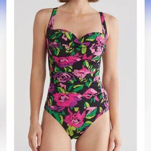 Betsey Johnson Bandeau Swimsuit in Lush Meadow Rose Print NWT